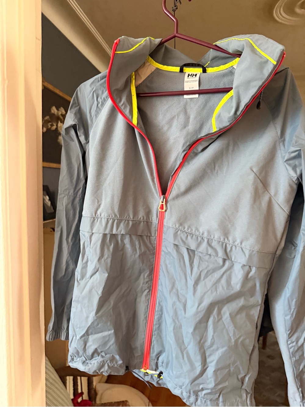 Helly Hansen blue running wind jacket with Pink Zipper and Yellow Trim